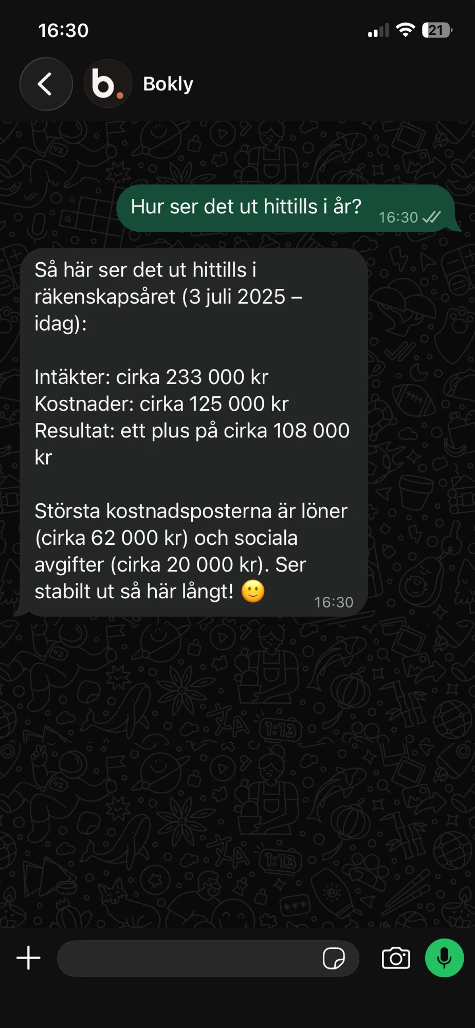 Frågan "Hur ser det ut hittills i år?", ställd i WhatsApp, och Boklys svar med intäkter, kostnader och resultat för räkenskapsåret, samt de största kostnadsposterna – allt hämtat ur bokföringen.